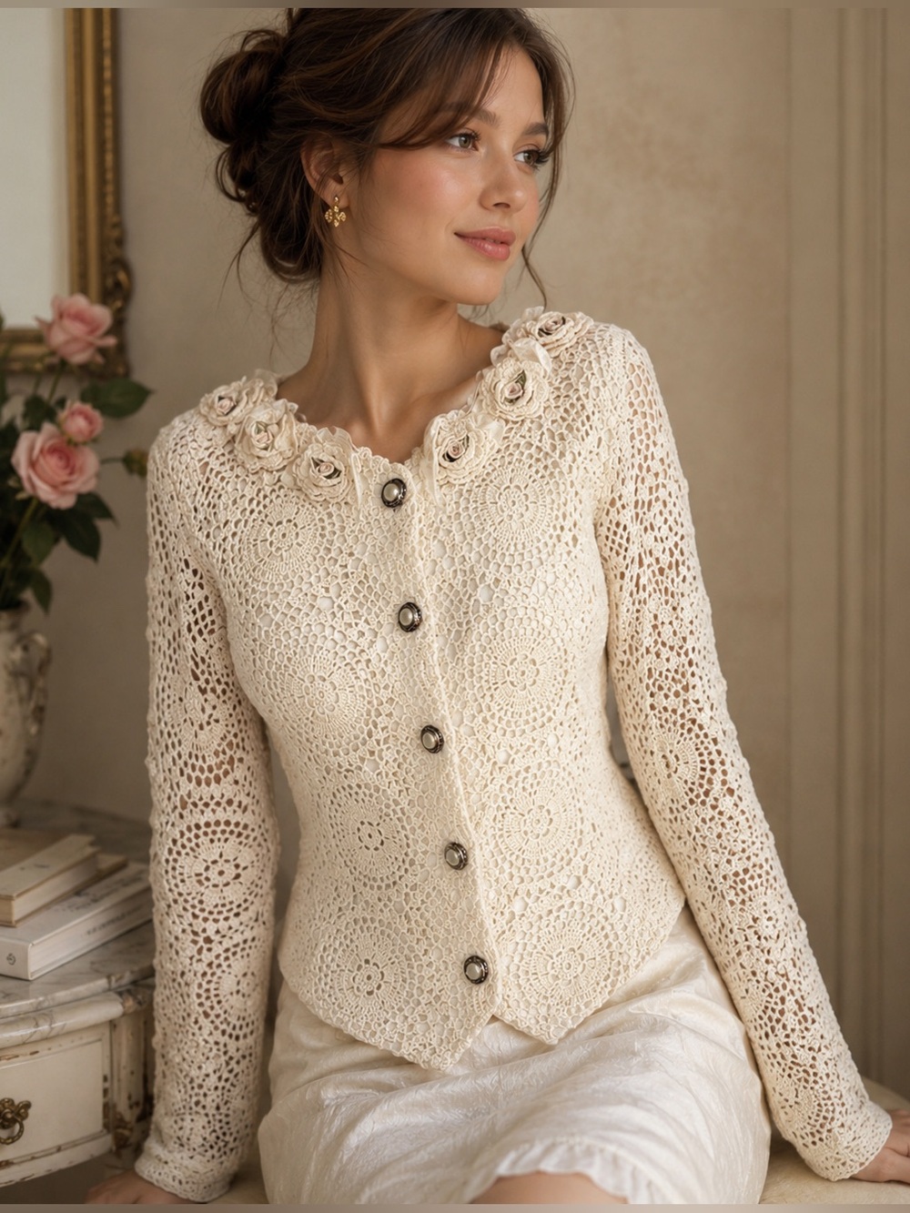 E. Clair Cotton Crochet Cream Renaissance Cardigan w/ Rose Appliqué Detail, M